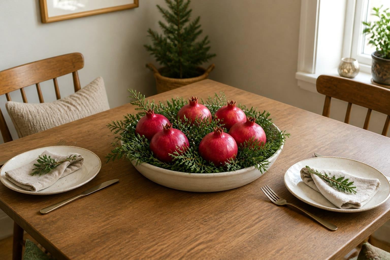 Six red pomegranates nestled in clipped boxwood and cedar inside a shallow cream bowl on a small dining table