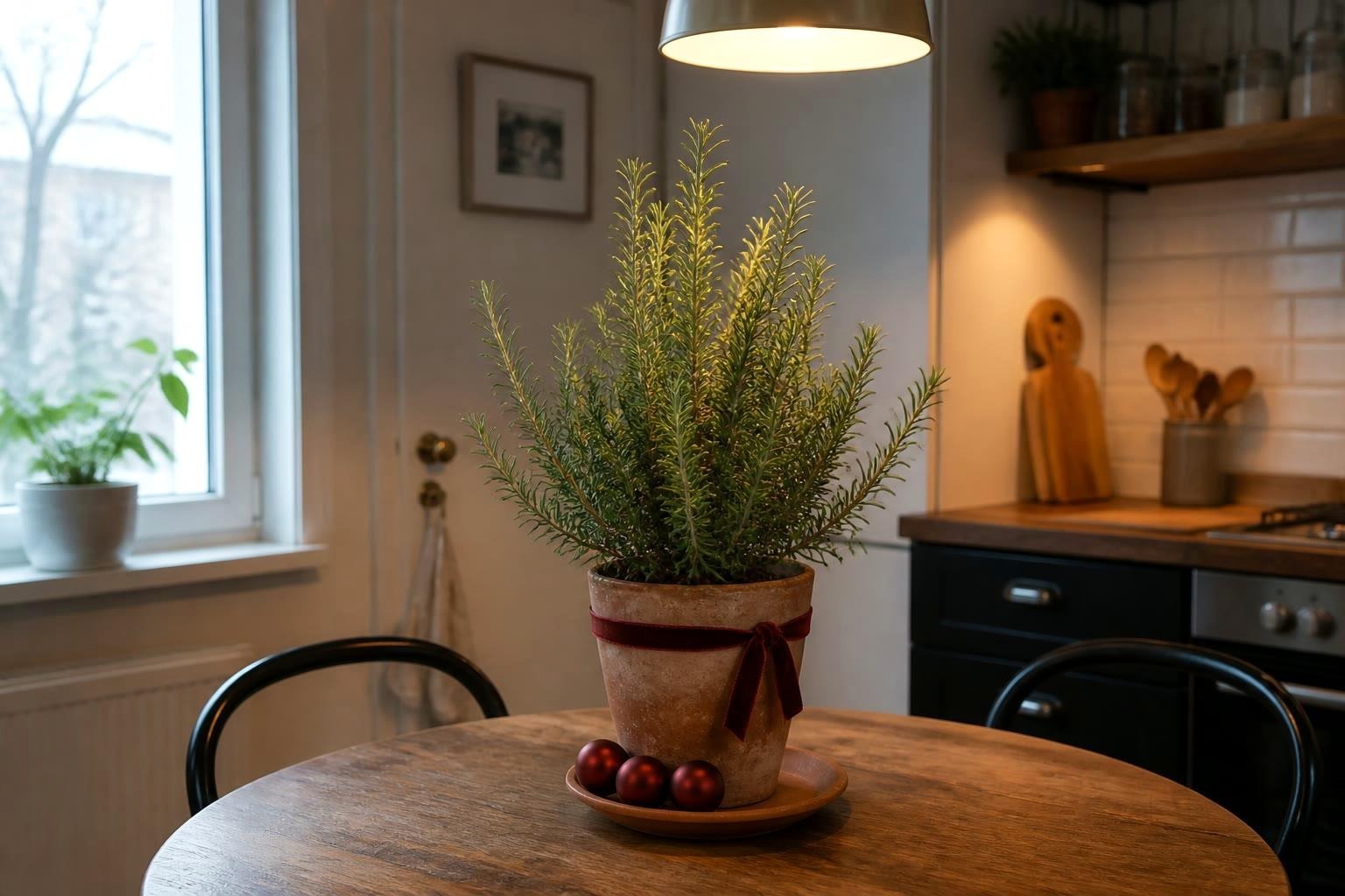 Living rosemary plant in an aged terracotta pot with a narrow burgundy ribbon and three matte red ornaments on its saucer
