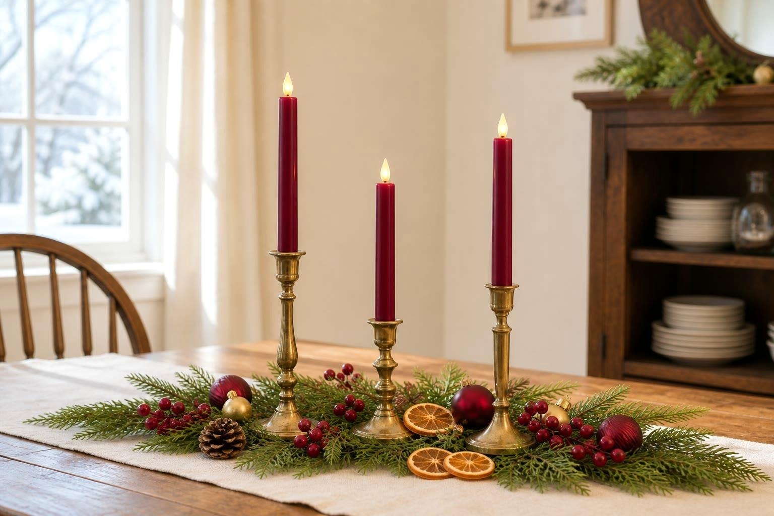 Three mismatched brass candlesticks holding burgundy flameless taper candles in a full daytime arrangement of cedar, fir, berries, dried orange, pinecones and ornaments