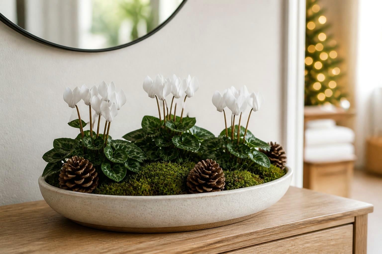 Low stoneware bowl planted with three white cyclamen plants, moss and four pinecones on an entry console