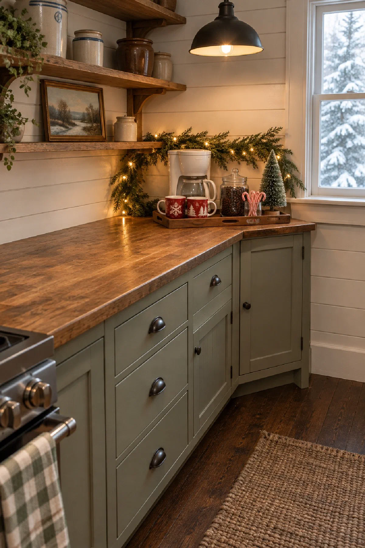 Christmas coffee bar on the corner of a small farmhouse kitchen counter with a white coffee maker, a wood tray holding red and white mugs, a jar of coffee beans and candy canes, a bottle brush tree and a cedar garland with fairy lights