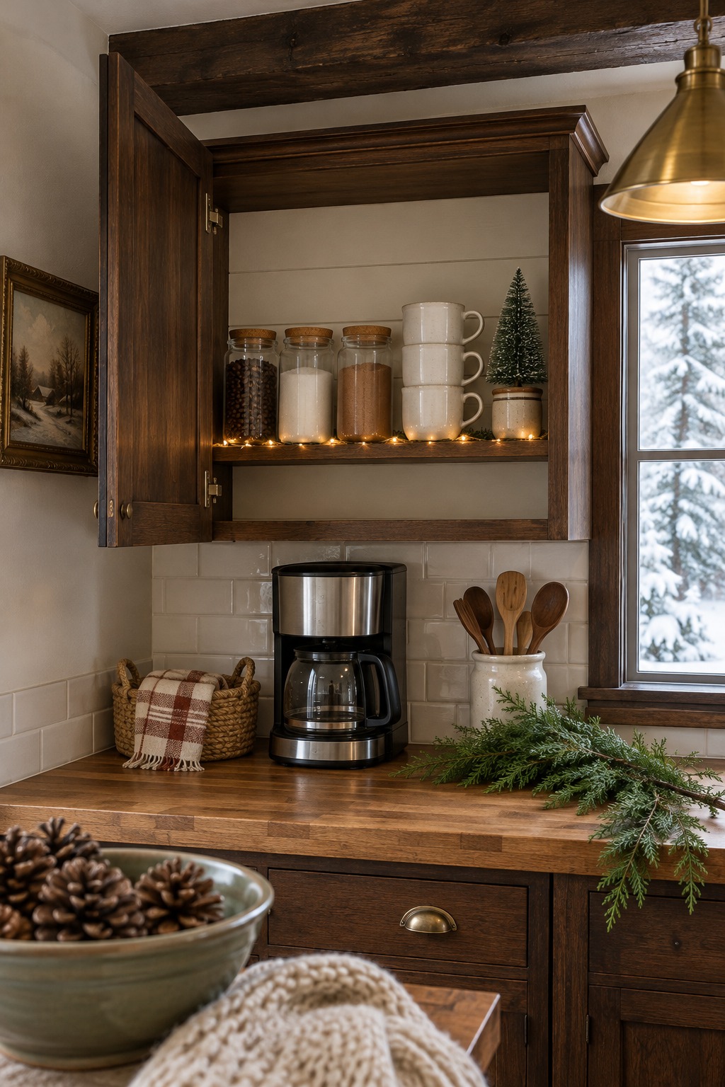 Open upper kitchen cabinet with one shelf set up as a Christmas coffee station holding glass jars of coffee, sugar and cocoa, stacked white mugs, a mini bottle brush tree and battery fairy lights