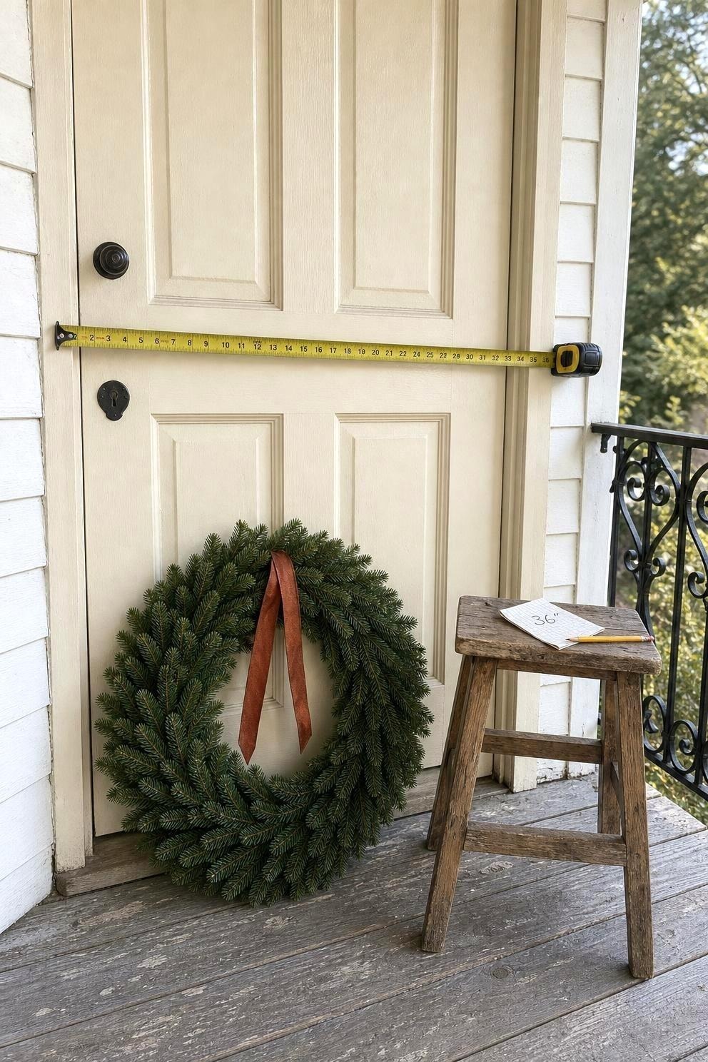 A steel tape measure held open across a cream front door with a 24-inch balsam fir wreath leaning upright below it