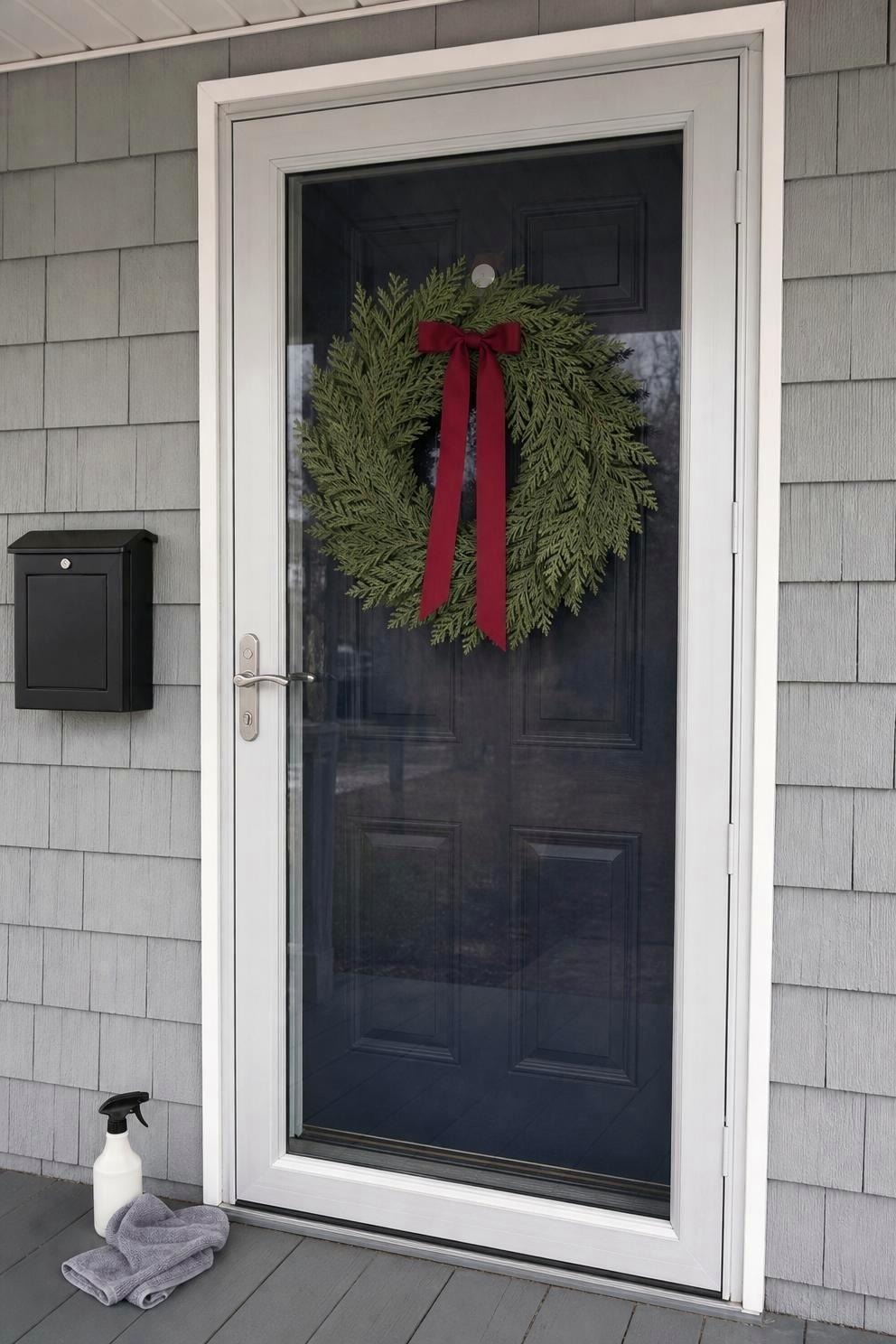 A white aluminum storm door with a slim flat cedar wreath held on the glass by a round magnet, with the navy entry door visible two inches behind