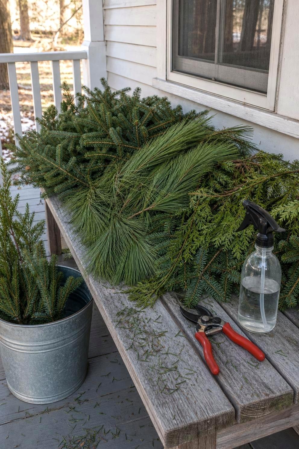 Fresh cut cedar, white pine and balsam fir boughs on a weathered porch bench with a galvanized bucket of water and red-handled pruners