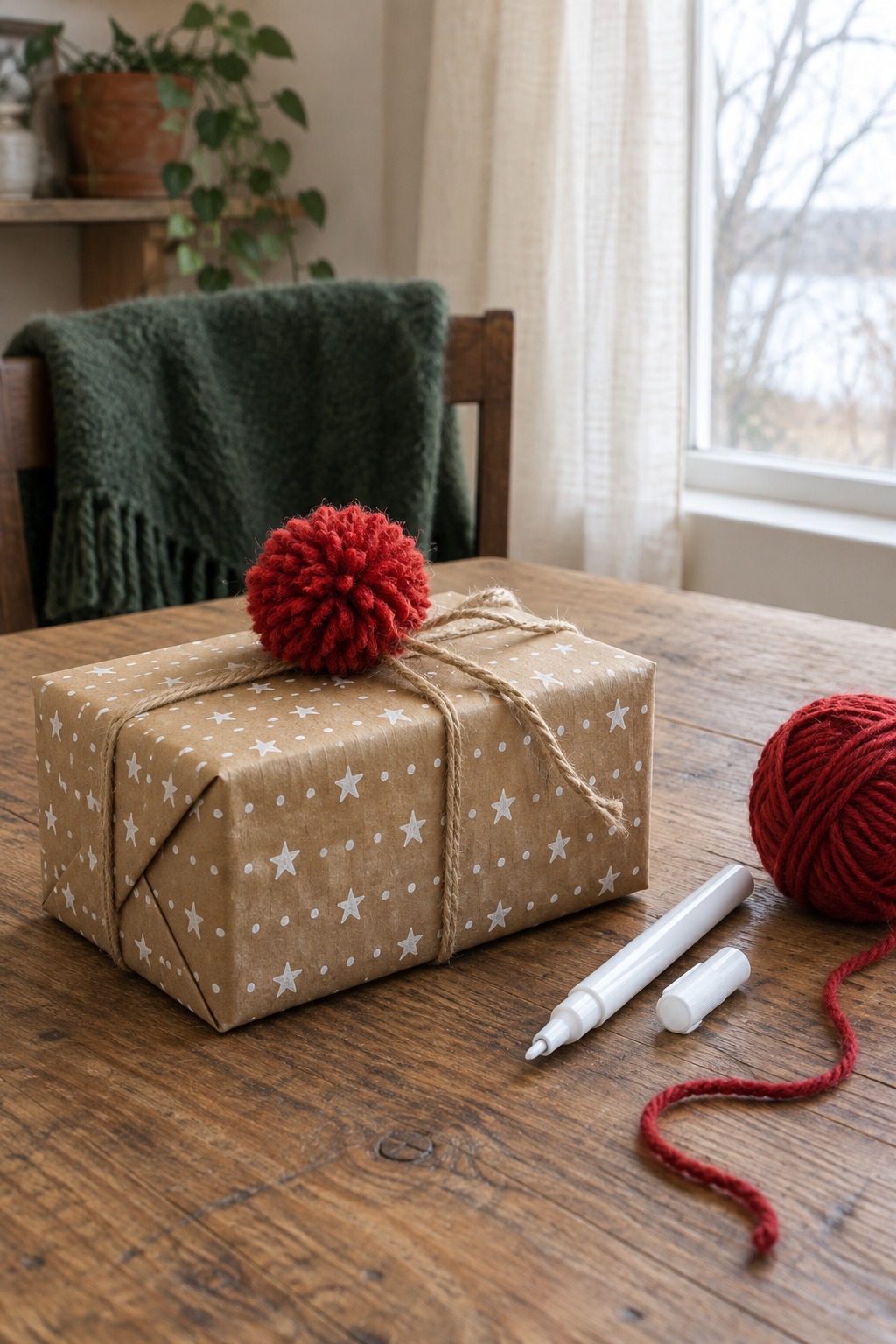 Gift wrapped in brown kraft paper with rows of white dots and small stars drawn by hand and a red yarn pom-pom tied on top with twine