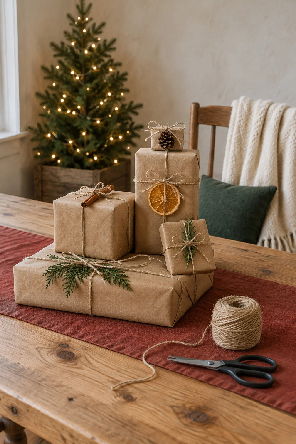 Five gifts wrapped in brown kraft paper with natural twine, cedar sprigs and dried orange slices stacked on a farmhouse table beside a spool of twine and scissors