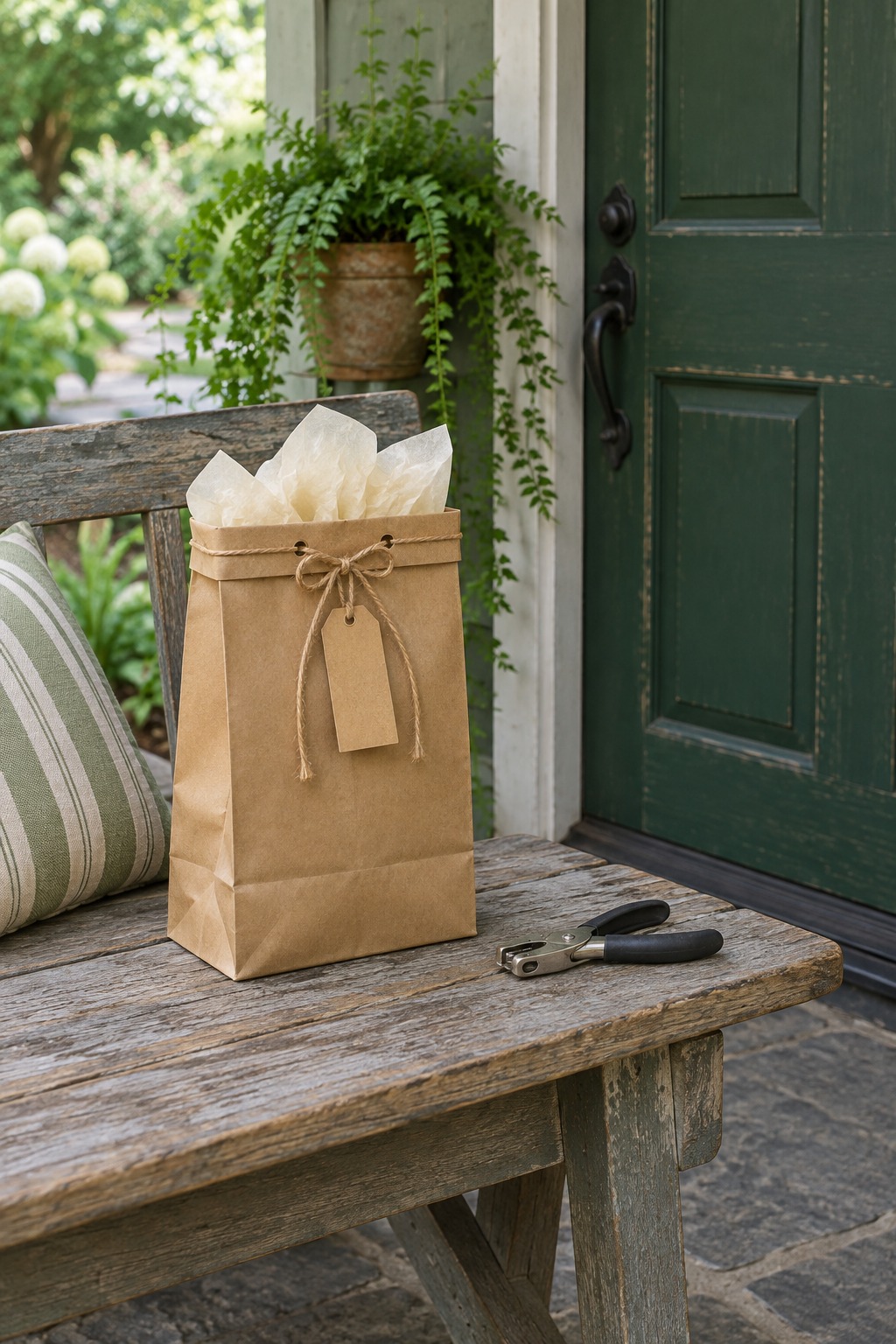 Brown paper bag with cream tissue paper showing at the top, folded over twice and tied shut with twine through two holes and a tag, on a bench by a door
