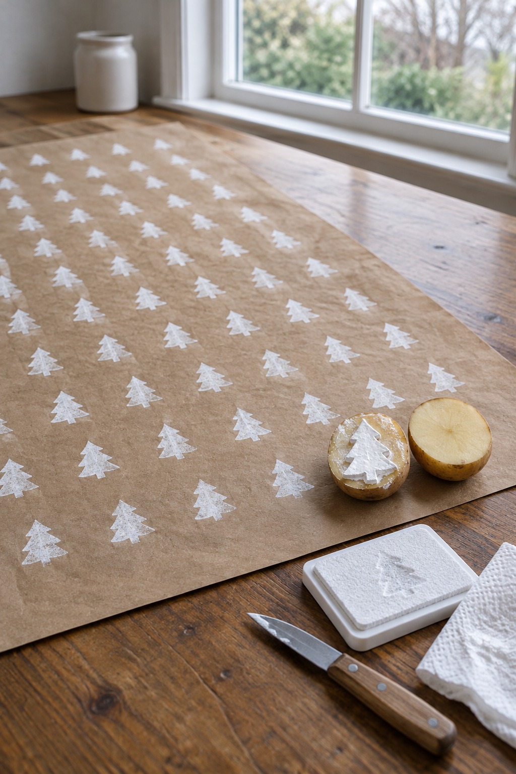 Brown kraft paper stamped with rows of small white Christmas trees beside half a potato carved into a tree shape and a white ink pad on a kitchen table