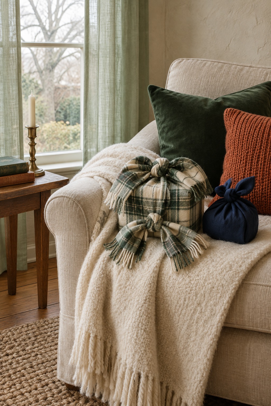 Boxed gift wrapped in a square cream and green plaid scarf tied in a double knot on top, on a wool throw over an armchair