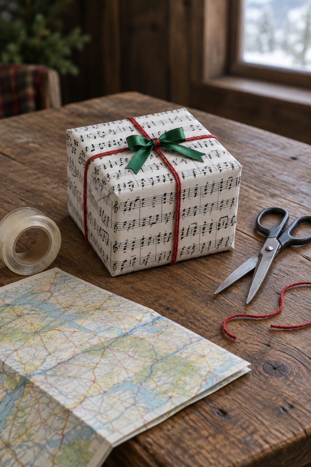 Gift wrapped in printed Christmas carol sheet music tied with red twine and a green ribbon bow on a wooden table beside a pair of scissors