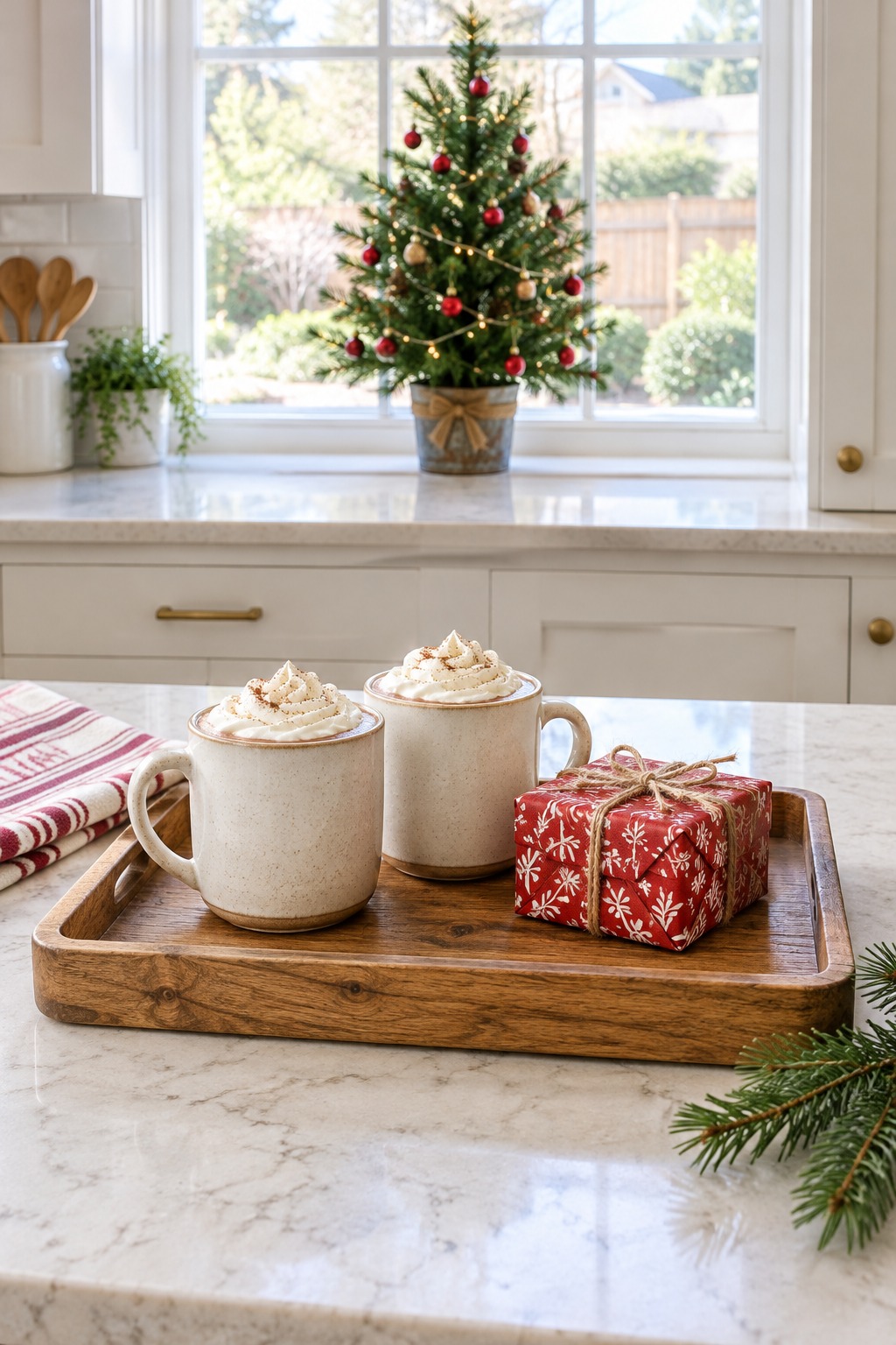 Two cream stoneware mugs of hot cocoa with whipped cream on a wooden tray beside a small gift wrapped in red and white Christmas paper in a bright farmhouse kitchen with a small Christmas tree in the window