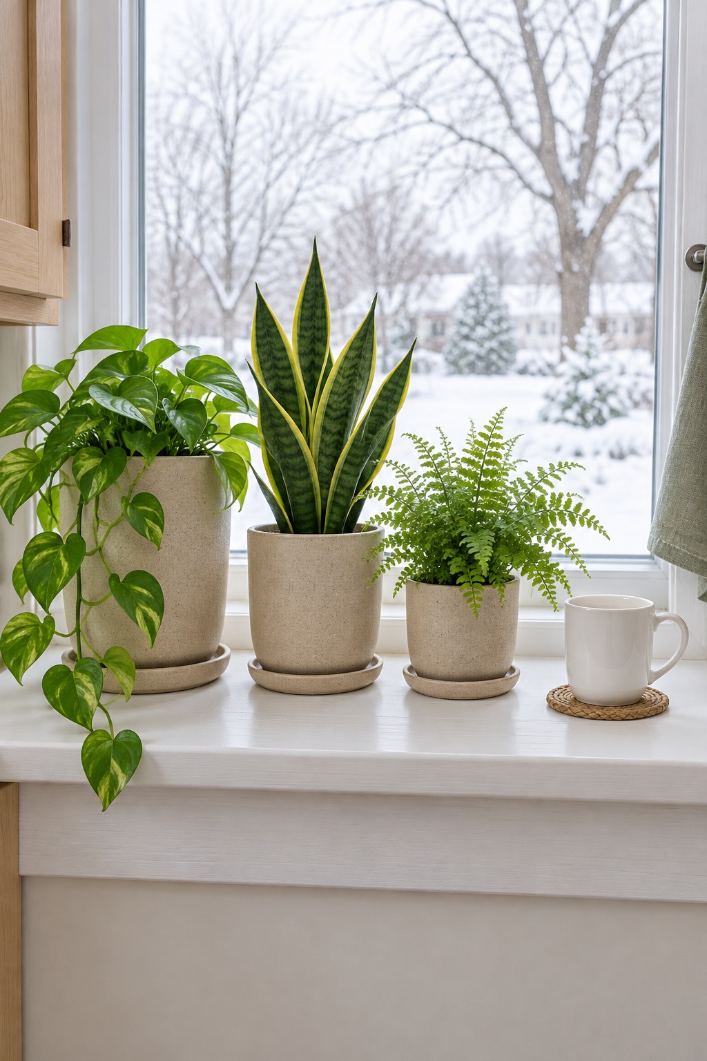Three beige ceramic planters of different sizes holding a pothos, a snake plant and a small fern on a bright kitchen windowsill with a white mug beside them