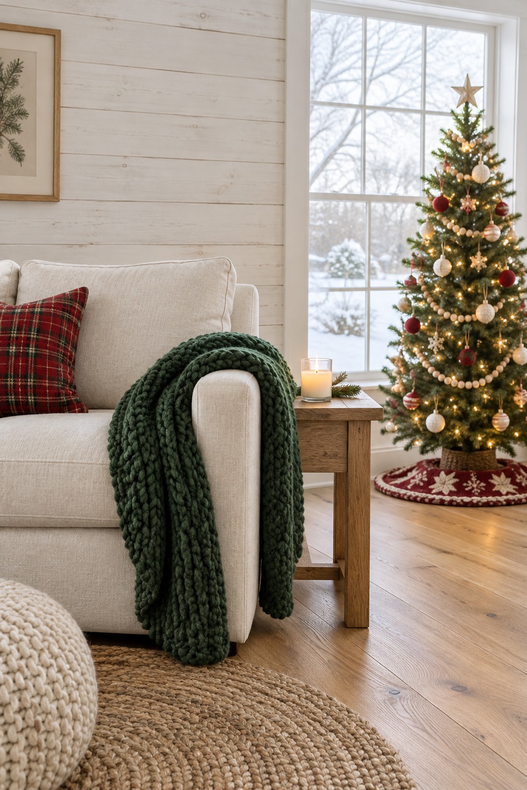 Cream sofa in a bright farmhouse living room with a forest green knit throw and a red plaid pillow, a lit candle in a glass jar on a wooden side table and a decorated Christmas tree in the window