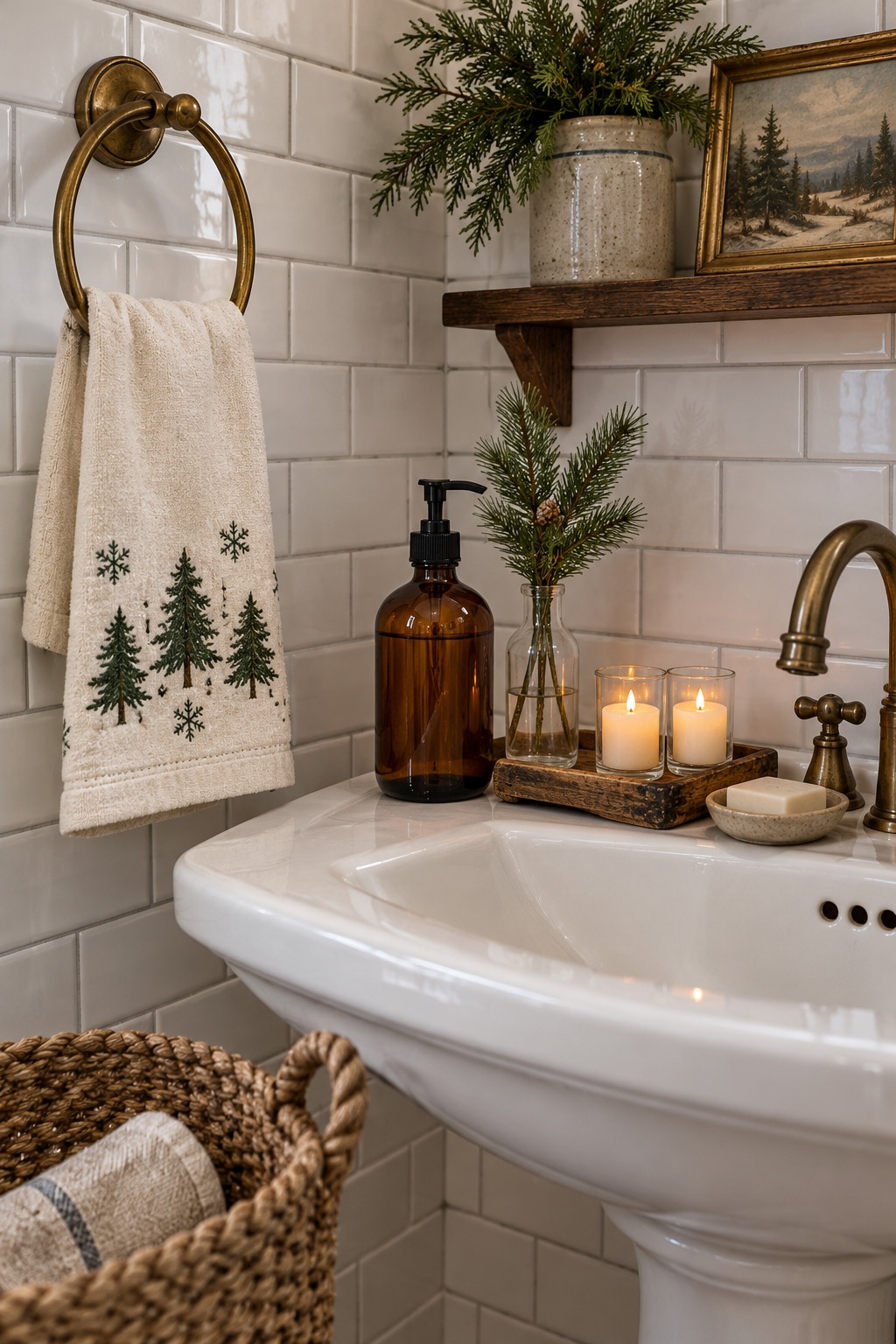 Small bathroom sink corner with a cream hand towel embroidered with green pine trees on a ring, an amber pump bottle of pine hand soap, a sprig of faux pine in a bud vase and two flameless votives on a small wooden tray