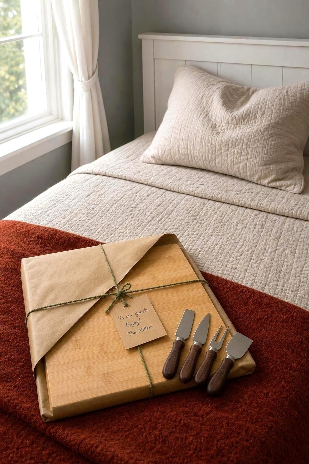 A bamboo charcuterie board with its cheese knives fanned out, wrapped in brown paper with green twine and a small handwritten tag, resting on a made guest bed beside a folded quilt