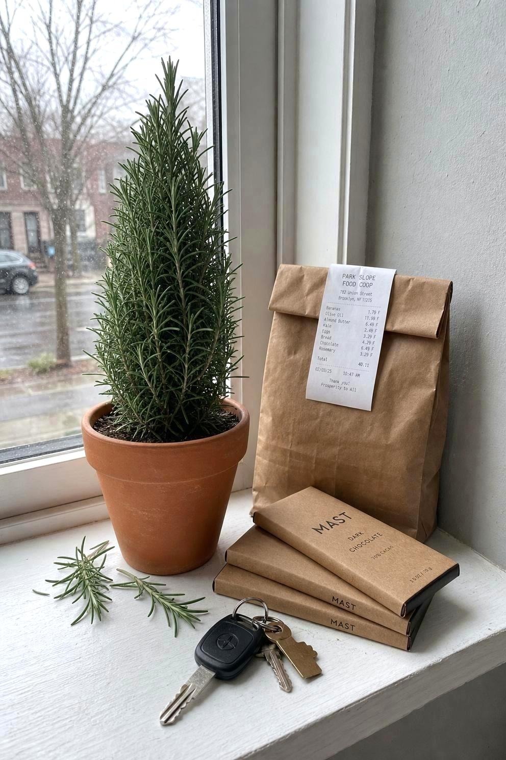 A small potted rosemary about ten inches tall trimmed into a cone shape, standing on a kitchen windowsill beside three wrapped chocolate bars and a brown paper bag