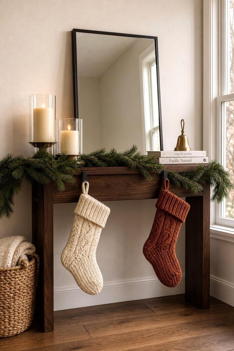 A console table styled like a mantel with layered greenery, a leaning mirror above and two stockings hanging from the table edge