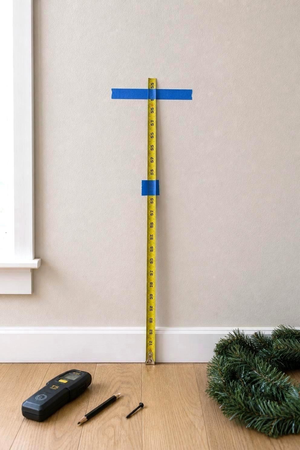 A tape measure held against a pale wall showing 54 inches from the floor with a strip of blue painter's tape marking the line, a stud finder resting on the floor below