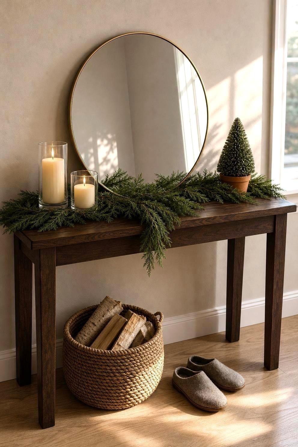 A dark wood console table against a pale living room wall with a large round mirror leaning above it, layered greenery along the top and a woven basket of logs on the floor beneath