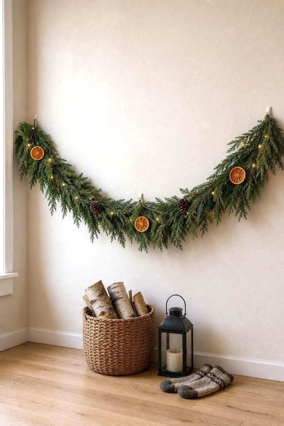 A narrow apartment wall with a nine foot evergreen garland swagged in a shallow curve on three small hooks, warm battery lights woven through it and a woven basket of birch logs on the floor beneath