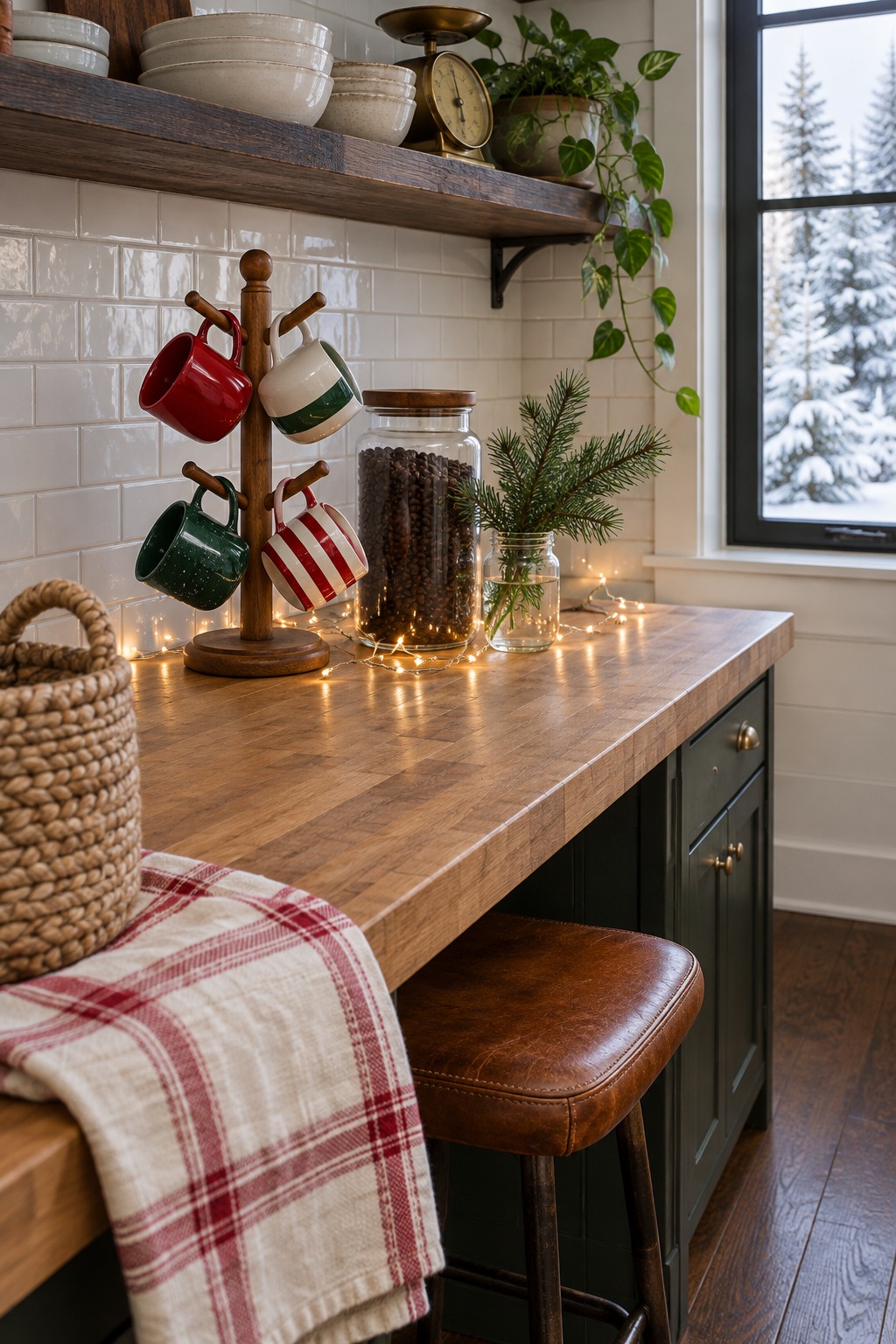 Wooden mug tree holding four red, white and green Christmas mugs on a butcher block counter beside a glass canister of coffee, with an evergreen sprig in a small jar and warm white fairy lights