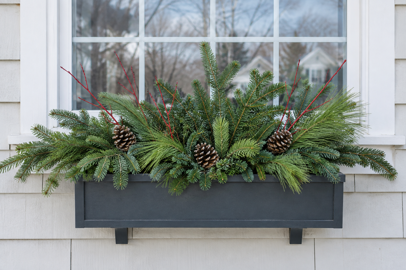 Narrow charcoal window box filled with fir, spruce, white pine, red twig dogwood, and pinecones beneath a winter window