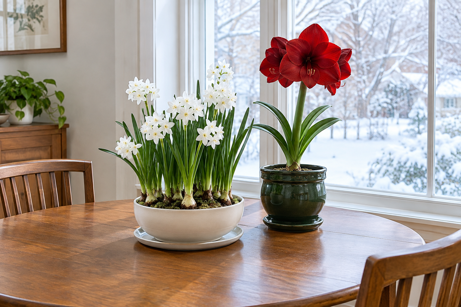 Low bowl of white paperwhites and a red amaryllis in a dark green cachepot on a wooden table beside a bright winter window