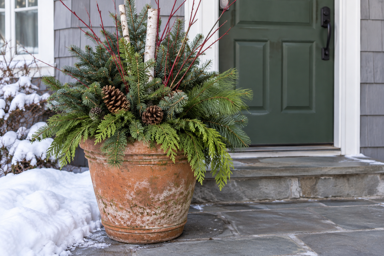 Weathered terracotta porch planter holding spruce, fir, pine, red twig dogwood, birch stems, and pinecones after Christmas ornaments have been removed
