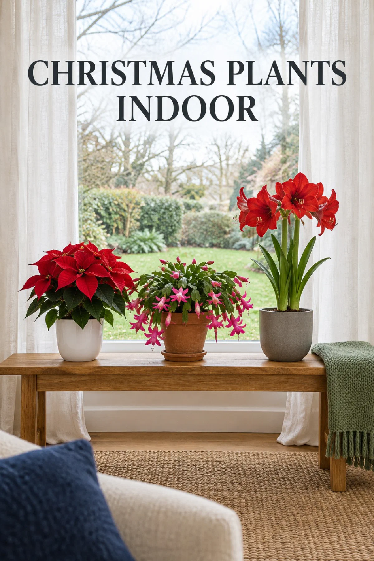 Wide sunny window in a small living room with a red poinsettia, a pink Christmas cactus in bloom and a red amaryllis on a wooden bench in front of white curtains