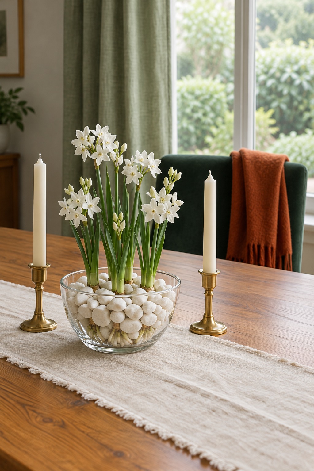 White paperwhite flowers growing in a clear glass bowl of white pebbles on a wooden dining table with a linen runner and two taper candles