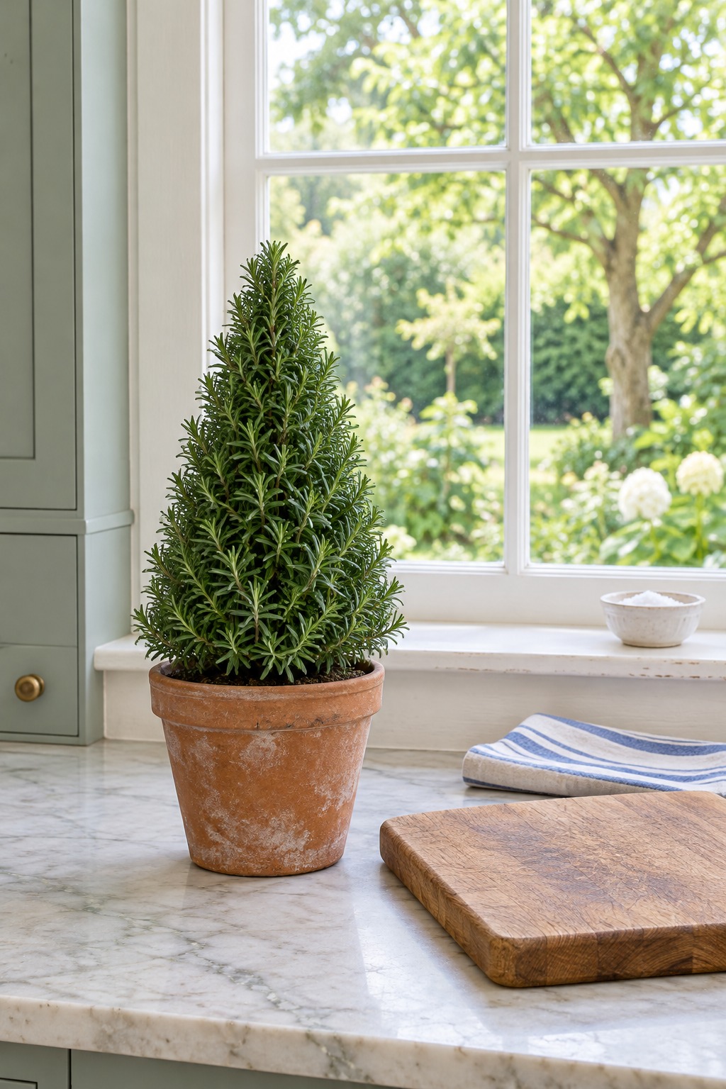 Rosemary clipped into a cone shape in a terracotta pot on a kitchen counter in front of a sunny window with a wooden cutting board beside it