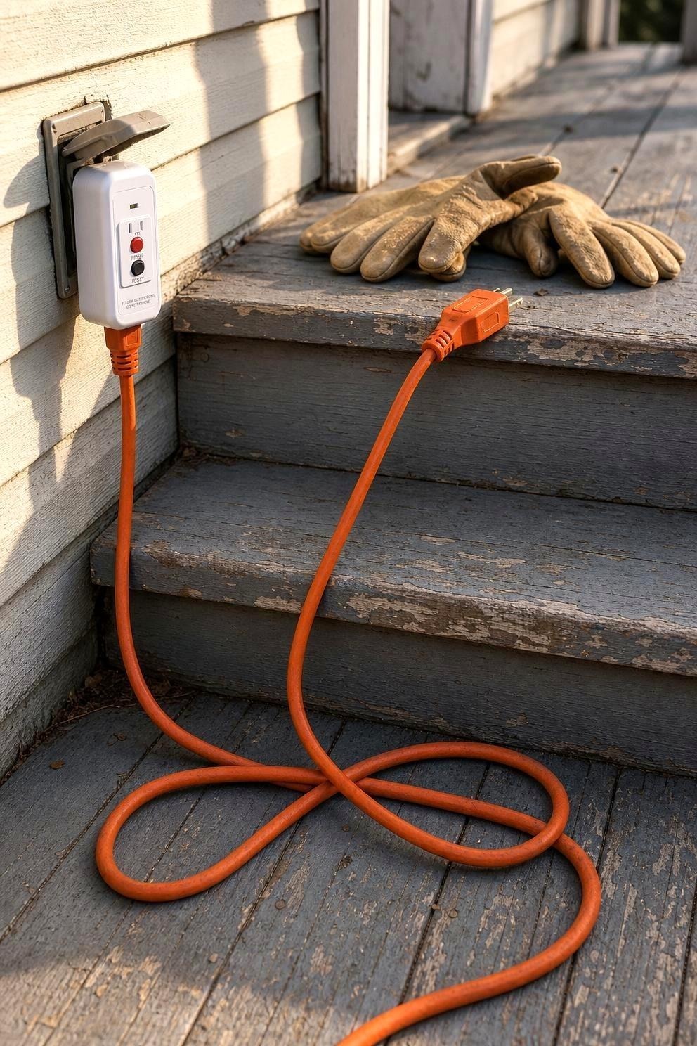 An orange outdoor rated extension cord coiled beside a weathered porch step, plugged into a portable outdoor GFCI adapter with test and reset buttons