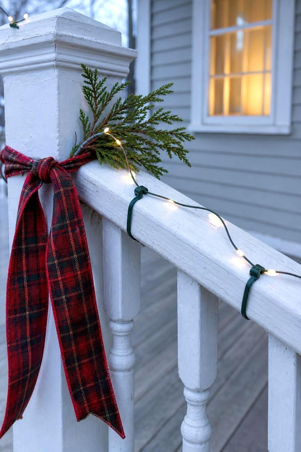 A hand tucking warm white LED lights behind a wooden porch railing with green plastic clips, a red plaid ribbon tied at the post below