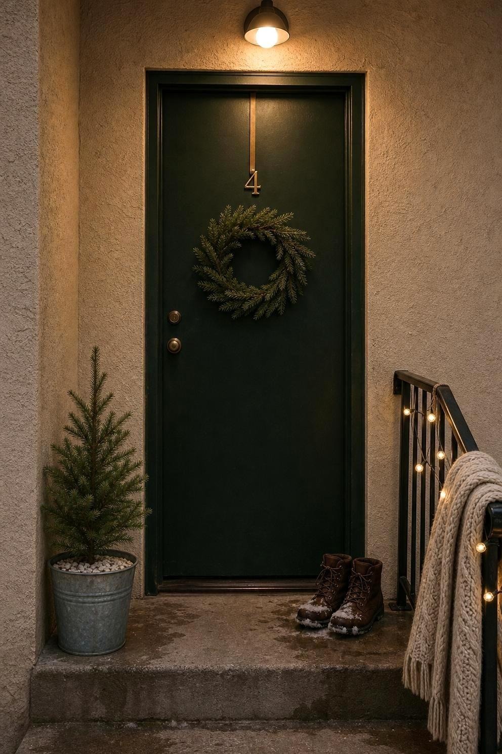 A narrow one step apartment landing with a single evergreen wreath on the door, one small potted spruce beside the step and a short run of warm lights along a four foot rail