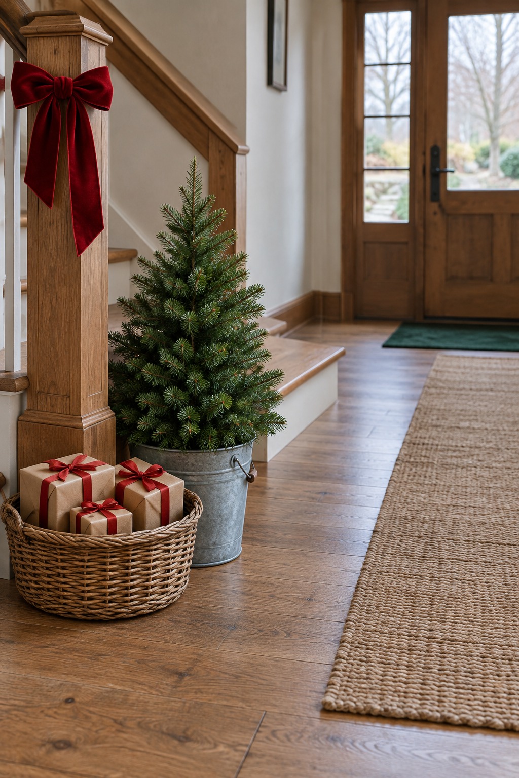 Floor at the bottom of a staircase beside the newel post with a woven basket of four kraft paper wrapped gift boxes tied with red ribbon, a 2 foot green tabletop tree in a galvanized bucket and a red velvet bow on the post