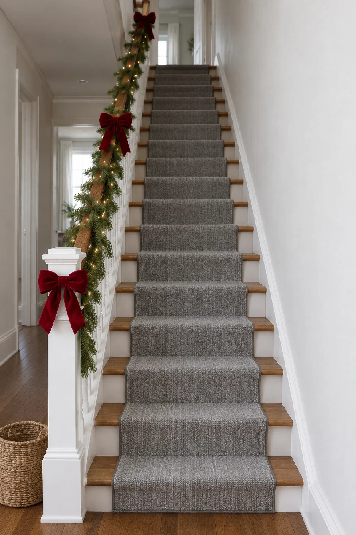 Narrow wooden staircase at Christmas with a slim pine garland on the stained oak handrail, tiny warm white lights and three red velvet bows, bare steps and a woven basket at the bottom post