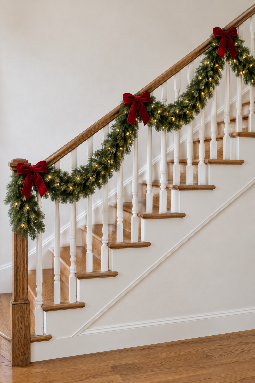 Straight wooden staircase seen from the side with a pine garland on the handrail hung in three even swags, a red velvet bow at each tie, warm white lights inside the garland and bare steps