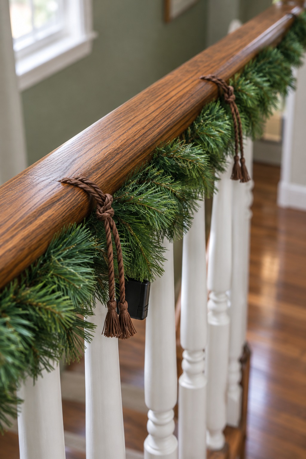Close view of a stained oak handrail with a slim green pine garland on the outside edge of the rail, two brown garland ties twisted around it, white spindles below and the top of the rail left clear