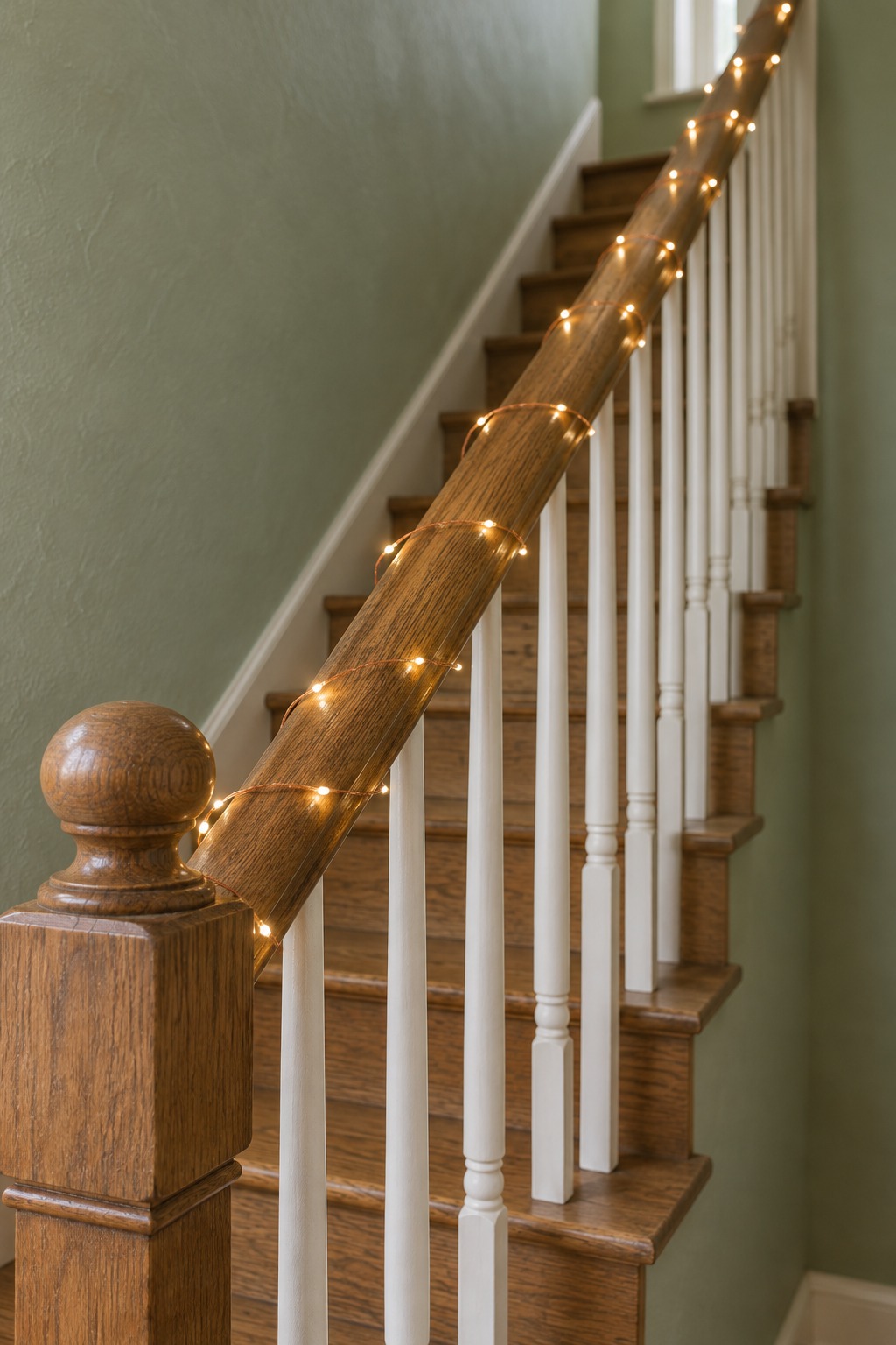 Bare stained oak handrail on a narrow staircase with two strands of thin copper wire warm white fairy lights wound loosely along it in a spiral, a small battery box hidden behind the bottom post and white spindles below