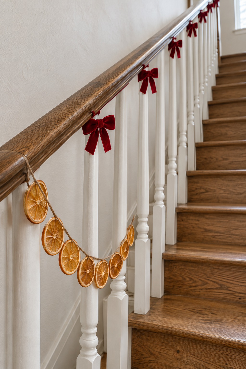 Narrow staircase with white spindles and a stained oak handrail, a small red velvet bow tied to every third spindle just under the rail and a strand of dried orange slices hanging from the rail near the bottom
