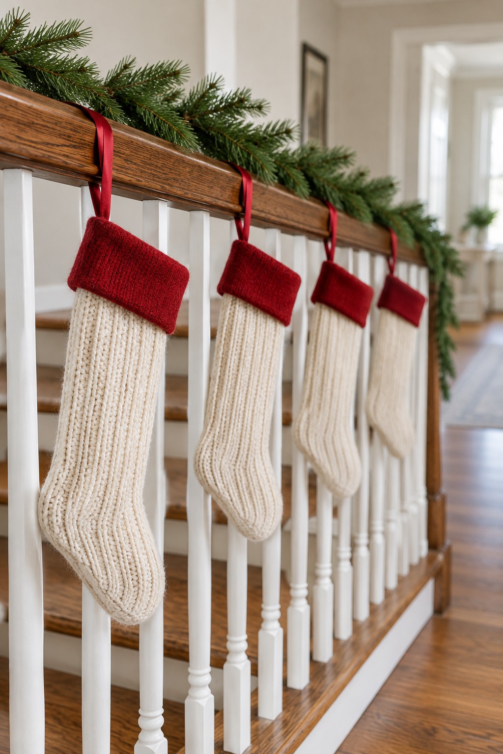 Four cream knit stockings with red cuffs hanging from a staircase handrail on ribbon loops about 12 inches apart below a slim pine garland, white spindles and stained oak rail