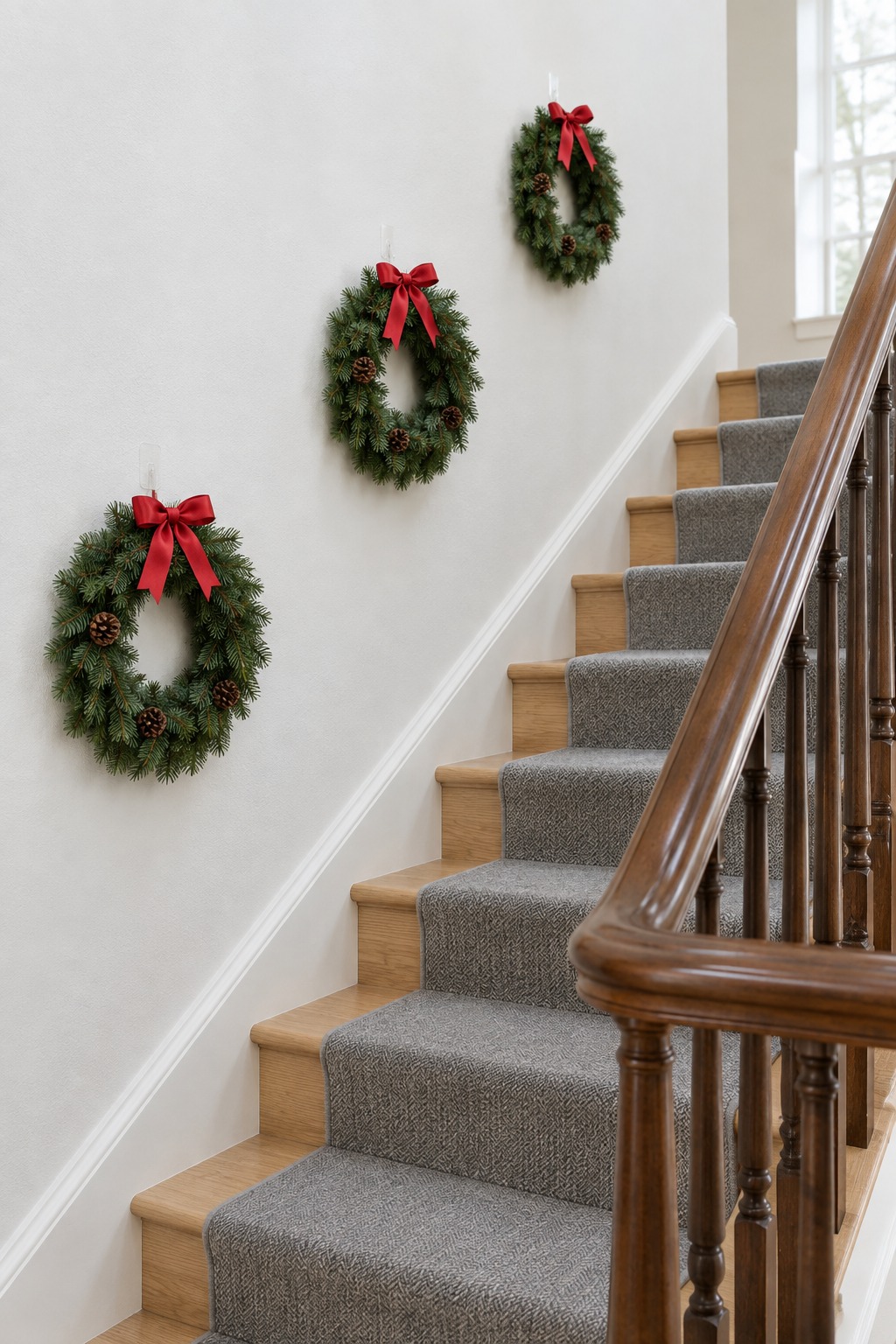 White staircase wall with three small matching green pine wreaths hung in a line that rises with the stairs, each on a clear adhesive hook with a small red ribbon, handrail and spindles at the edge of the frame