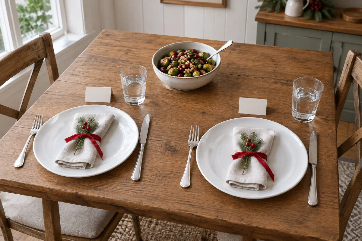 Two white-plate Christmas place settings with red ribbon napkins, forks on the left, knives on the right and water glasses beside a central serving bowl