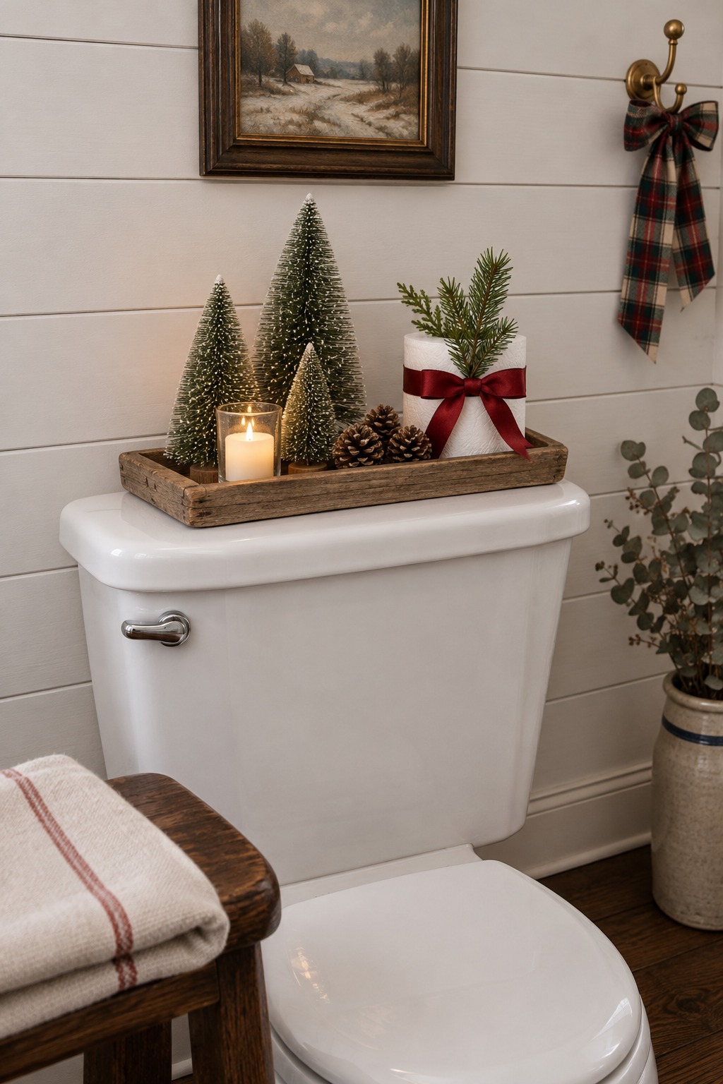 Shallow wooden tray on the back of a white toilet tank holding three green bottle-brush trees, a lit flameless votive, two pinecones and a spare toilet roll tied with red ribbon and greenery