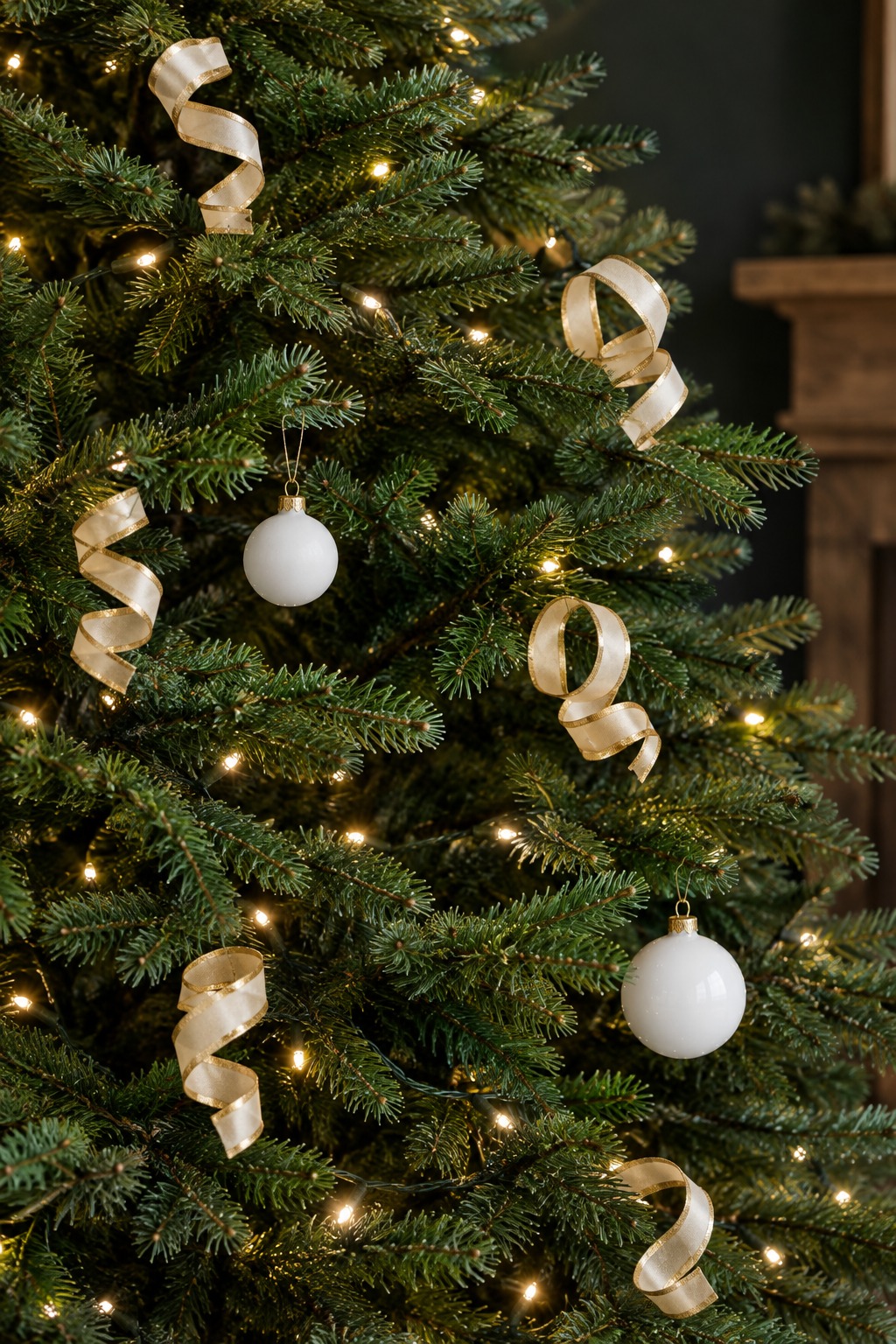 Close view of a green Christmas tree with short pieces of cream and gold ribbon curled into loops and spirals and tucked between the branches