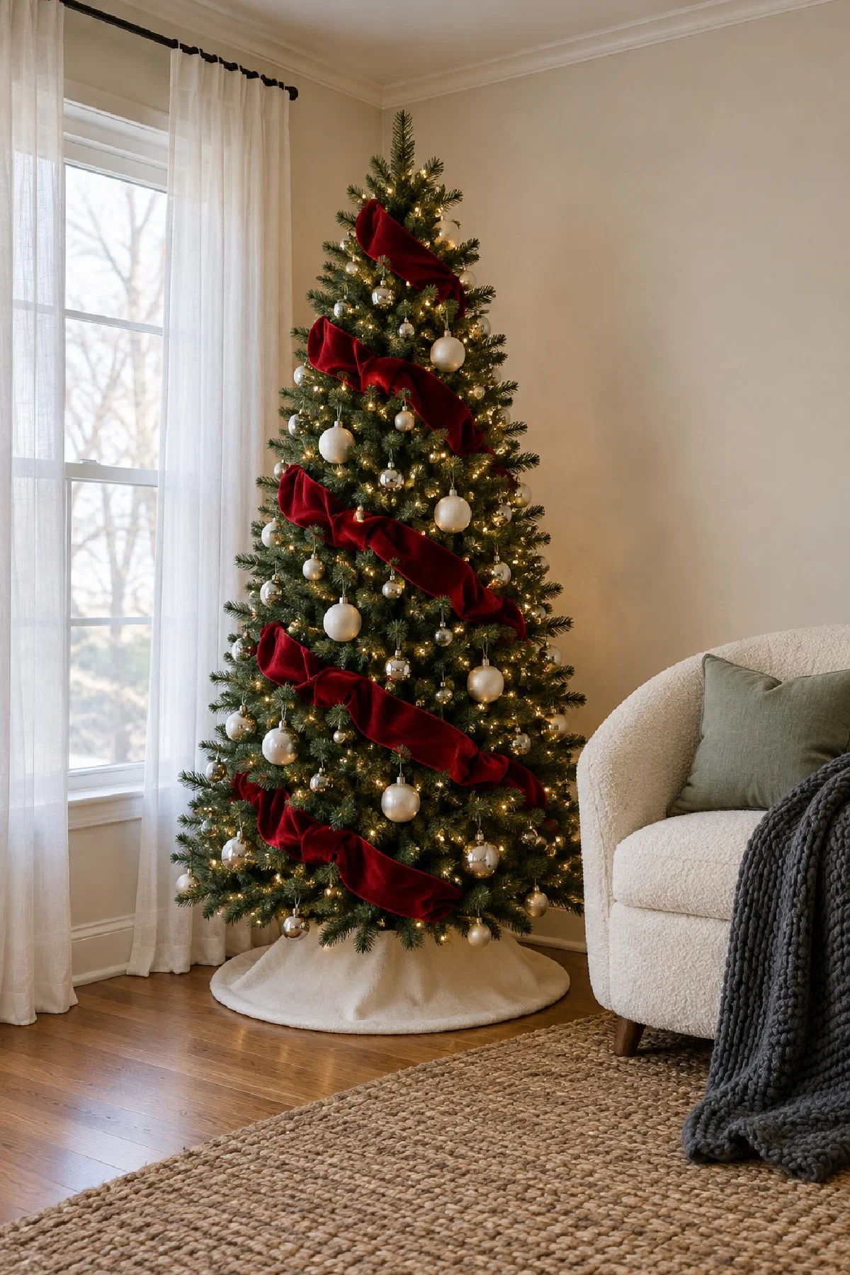 Six foot green Christmas tree in a living room corner with wide red velvet ribbon in loose billows running diagonally down it, cream and silver ornaments and warm white lights