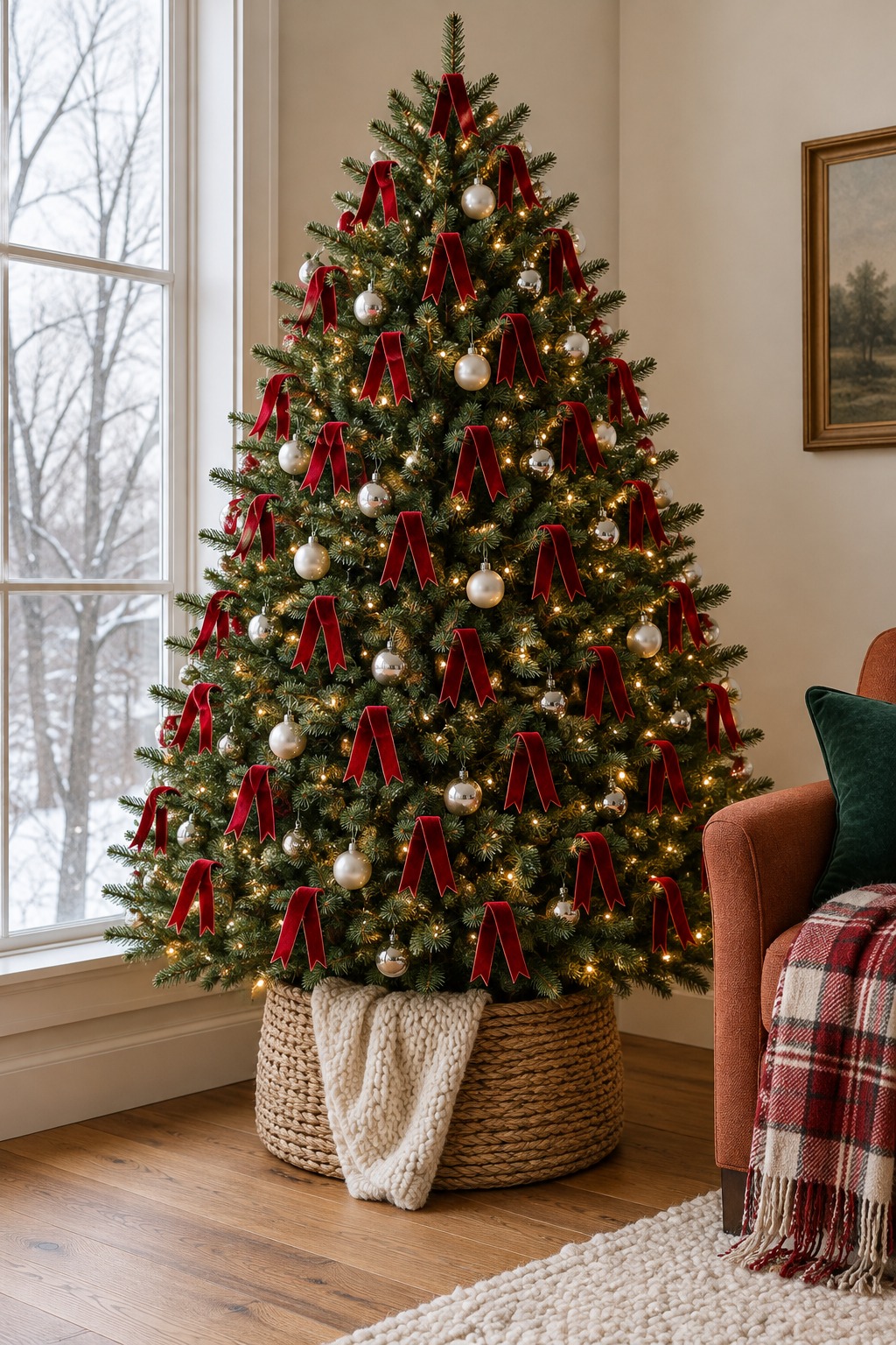 Green Christmas tree with narrow red velvet ribbon strands hanging over the branch tips, ends cut in a fishtail, between small glass ornaments
