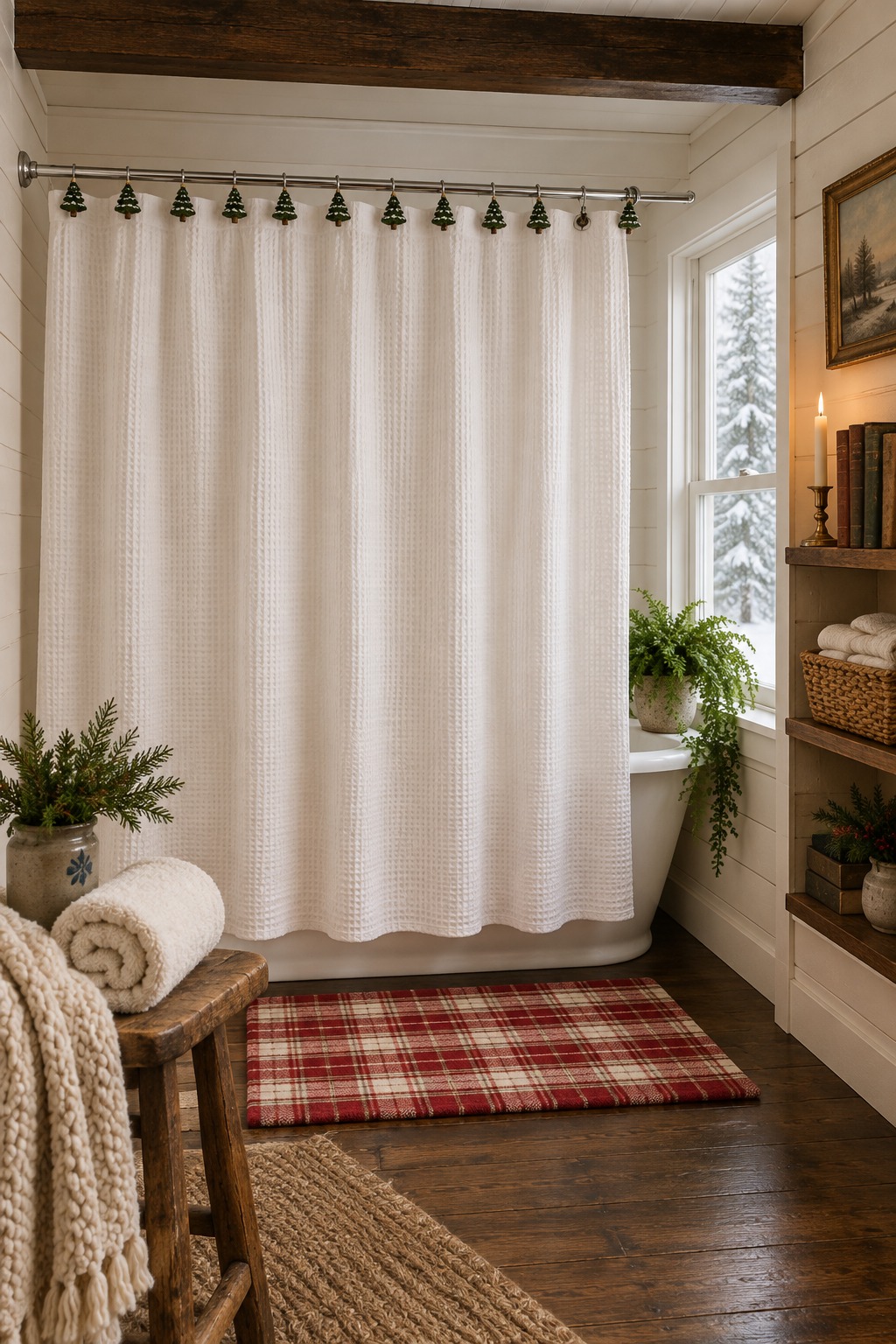 Plain white waffle-weave shower curtain on a chrome rod hung with green Christmas tree shaped curtain hooks, a red and cream plaid bath mat in front of the tub and a rolled towel on a wooden stool