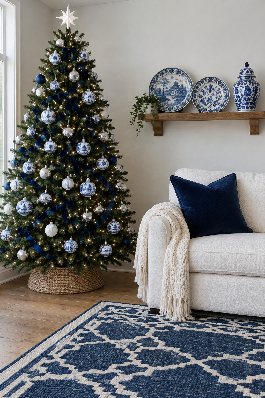 Green Christmas tree with blue and white patterned porcelain-style ornaments, plain navy and white balls, navy velvet ribbon and a white star on top, beside a shelf of blue and white plates